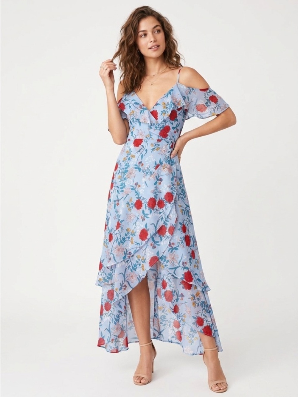Bardot High Low Ruffle Wrap Dress Floral Light Blue Red Size 8